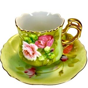 VTG Lefton China Tea Coffee Cup Hand Painted Gold Green Pink Roses Cup & Saucer.